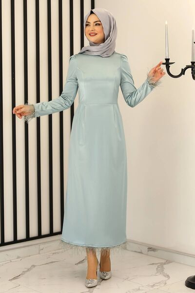 Tüy Detay Saten Kalem Abiye Elbise Mint - Fashion Showcase Design - FSC3016