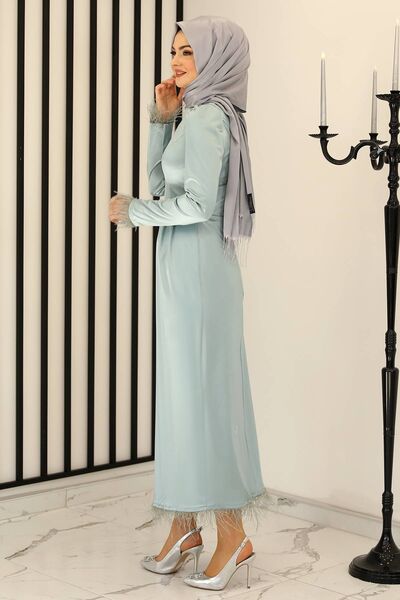 Tüy Detay Saten Kalem Abiye Elbise Mint - Fashion Showcase Design - FSC3016