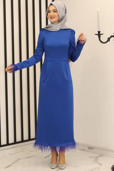 Tüy Detay Saten Kalem Abiye Elbise Saks - Fashion Showcase Design - FSC3016