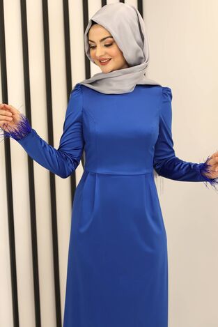 Tüy Detay Saten Kalem Abiye Elbise Saks - Fashion Showcase Design - FSC3016 - Thumbnail