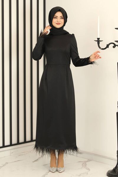 Tüy Detay Saten Kalem Abiye Elbise Siyah - Fashion Showcase Design - FSC3016