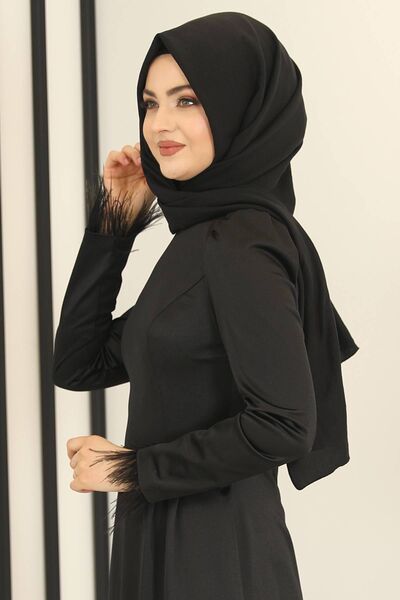 Tüy Detay Saten Kalem Abiye Elbise Siyah - Fashion Showcase Design - FSC3016
