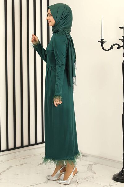 Tüy Detay Saten Kalem Abiye Elbise Zümrüt - Fashion Showcase Design - FSC3016