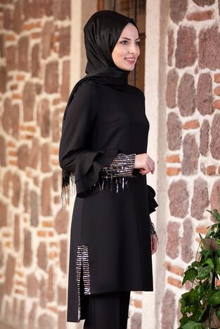 Volan Kol Payet Detay Tunik & Pantolon Takım Siyah FSC2034 - Thumbnail