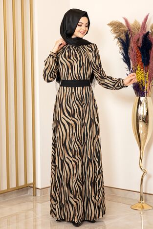 Fashion Showcase Design - Zebra Desen Tül Elbise Siyah - Fashion Showcase Design - FSC2078